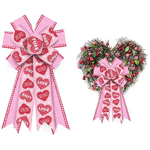 Hying Large Valentine's Day Bows for Wreath, Valentines Wreath Bows Pink Burlap Bows Love Heart Tree Topper Bows for Front Door Valentines Decorations Wedding Anniversary Wedding Party Supplies Cover