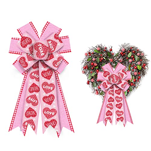 Hying Large Valentine's Day Bows for Wreath, Valentines Wreath Bows Pink Burlap Bows Love Heart Tree Topper Bows for Front Door Valentines Decorations Wedding Anniversary Wedding Party Supplies