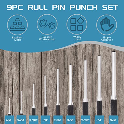 Cimeton 12Pcs Roll Pin Punch Set with Hammer and Storage Pouch, 9 Sizes 1/16 5/64 3/32 1/8 5/32 3/16 7/32 1/4 5/16’’ Steel Removal Tool Kit for Jewelry Watches Craft Automotive