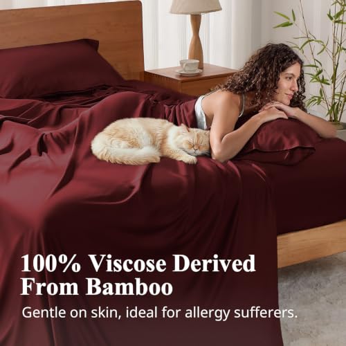 Image of King Size Sheet Set, Viscose Bamboo Sheets for Bed Set 4pcs, 100% Viscose Derived from Bamboo, Hotel Luxury Silky & Cooling for Hot Sleepers, Deep Pocket Up to 17 inch, Burgundy