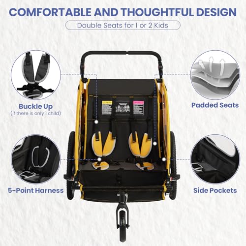 Image of Sepnine Kids Bike Trailer, 2 in1 Canopy Carrier Converts to Pushcart Suitable for 1 to 2 Toddlers, Kids, Quick Attach to Bike, Foldable, with 5-Point Harness and Storage Bags