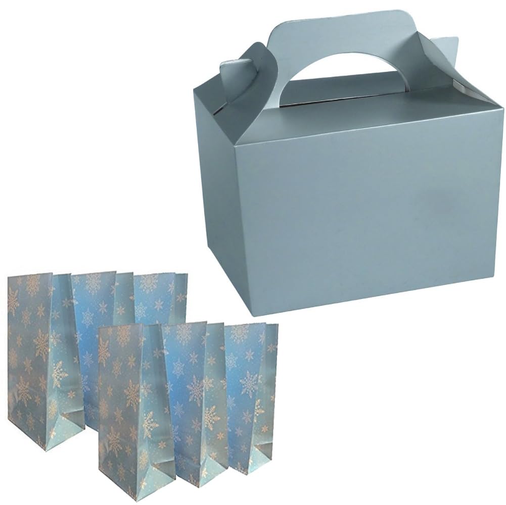 Christmas Table Present Gift Boxes/Party Food Boxes PLUS SNOWFLAKE PICK n MIX BAGS (Silver, 30 Boxes)