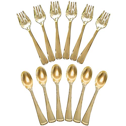 Gold Disposable Plastic Serving Utensils - Six 9 Inch Forks Six 9 Inch Serving Spoons