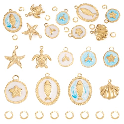 Image of Craftdady Golden Enamel Ocean Animals Pendants Stainless Steel Summer Sea Charms with Jump Ring for Jewelry Making Crafting Necklaces Bracelets Earrings Keychains