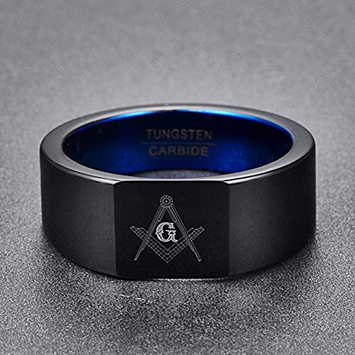 Vakki Black Blue Masonic Tungsten Carbide Square Rings for Men Women Freemason Symbol Ring High Polished Size 7-123