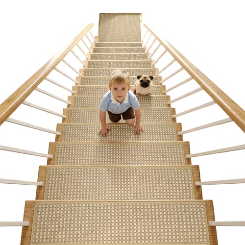 WELINHOME Chenille Stair Treads for Wooden Steps 8x30 (15 Pack) Ultra Soft Non-Slip Carpet Stair Runners Indoor Peel and Stick Self-Adhesive Step Rugs for Kids & Dogs Machine Washable Beige