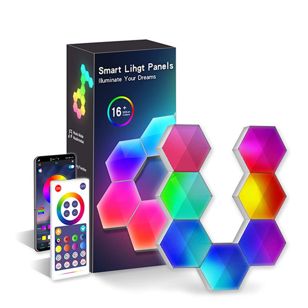 DCJAHFE Hexagon Light Panels Smart LED Wall Lights Glide Hexa RGBIC Wall Lights with Music Sync Scene Modes Work for Gaming Room Bedroom Living Room Decor 6 Pack