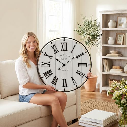 Image of EMAX HOME Large 30 Inch Farmhouse Wall Clock, Rustic Distressed Wooden Face with Black Metal Frame, Silent Non-Ticking Quartz Movement, for Living Room, Bedroom, Kitchen, and Home Office Decor