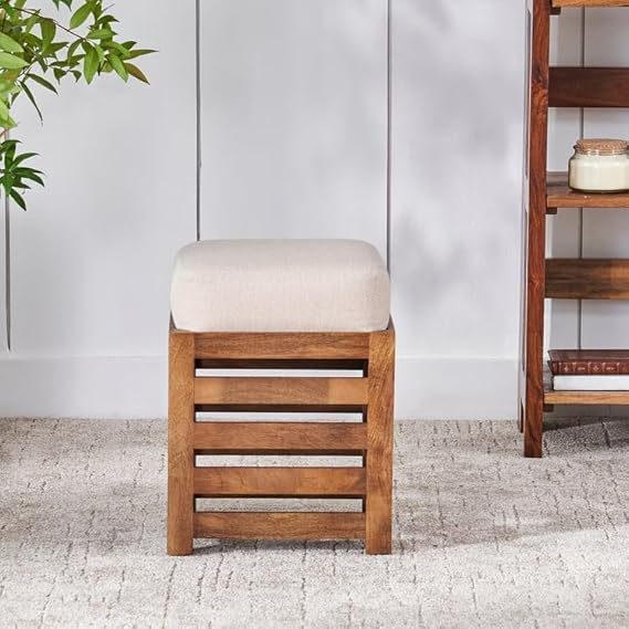 vasil mart multipurpose wooden puffy for sitting, dressing table, and footrest solid wood stool with cushion for living room, bedroom, balcony, etc. (natural)