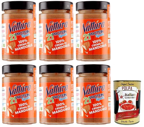 Náttúra Protein Sport - 6 unidades de crema de almendras 100% para untar sin azúcar añadido, sin gluten, 100% natural, rica en proteínas, 180 g + lata de 400 g