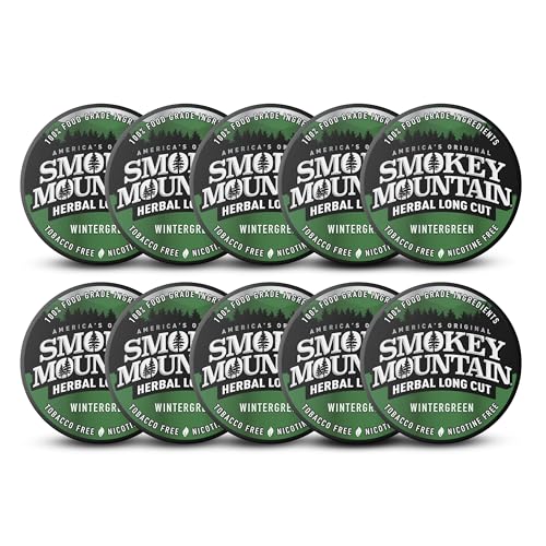 Smokey Mountain Herbal Long Cut Wintergreen 10 Can Box - Tobacco Free and Nicotine Free Snuff