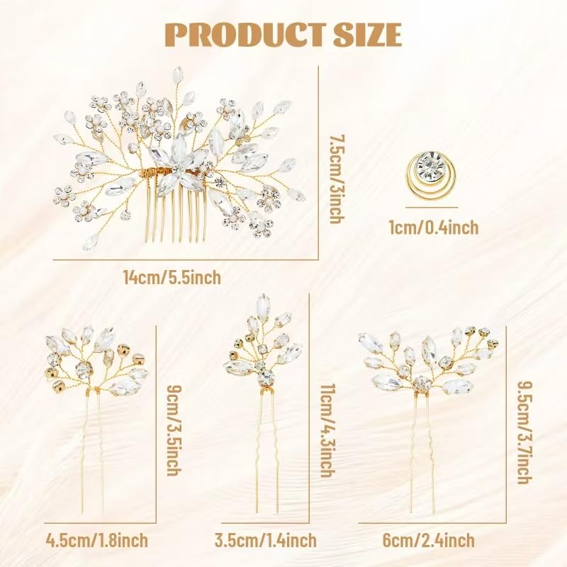 inSowni 16 Pieces Gold Metal Wedding Bridal Crystal Rhinestone Hair Side Combs+U-shaped Hair Pins+Twist Spiral Hairpins Headpieces Hair Clips for Brides Bridesmaids Women Girls - Image 2