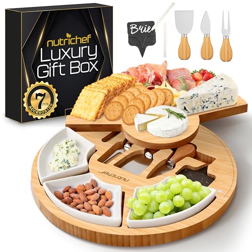 NutriChef Bamboo Cheese Board & Knife Set, Charcuterie Boards, Swiveling Serving Board, Cheeseboard Gift Set, Grazing Board Platter, Extra Large Round Plate w/ 3 Ceramic Bowls, Chalk & Slate Labels