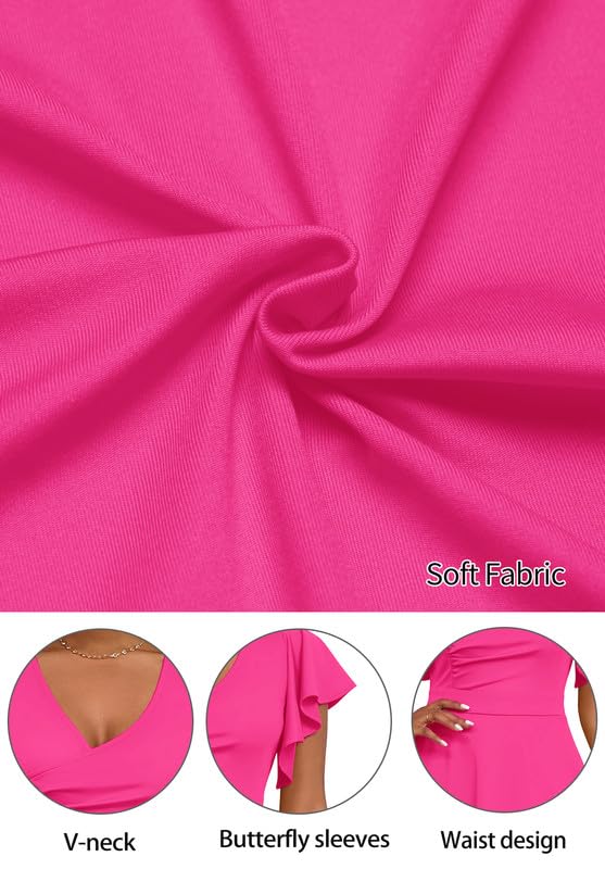 Image of MarryUP Women's Cocktail Midi Dress Elegant V Neck Ruffle Short Sleeve Wrap Wedding Guest Semi Formal A Line Dress