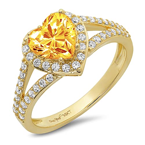 Clara Pucci 1.85 ct Heart Cut Solitaire Accent Halo split shank Stunning Genuine Flawless Natural Yellow Citrine Gem Designer Modern Statement Ring 18K Yellow Gold Size 7.5