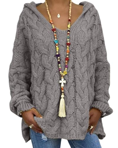 ZOCAVIA Womens Hooded Sweater Cable Knit Sweater Oversized Knit Sweater Loose Fit Sweater Knit Pullover Sweater Top