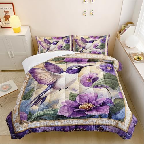 Image of AILONEN Purple Flower Hummingbird Comforter Set Queen Size,Boho Exotic Hummingbird Bedding Set for Girls Women,Beautiful Bird Print Comforter with 2 Pillowcases,3 Pieces