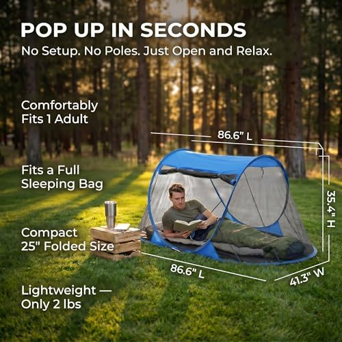 Image of Pop up Mosquito Tent for Camping, 86.6 x 41 x 35 Inch Bug Net Tent with Instant Automatic Setup, Lightweight Portable Screen Net Fits Most Camping Cot for Outdoor Hiking Travel(Blue)
