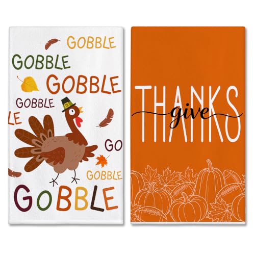 Image of Hexagram Thanksgiving Kitchen Towels Set of 2, Turkey Thanksgiving Decorations for Home, Gobble Hand Towel for Bathroom, Give Thanks Dish Towel