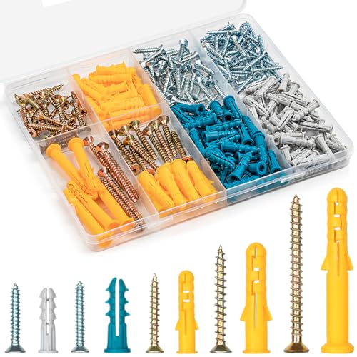 KURUI Drywall Anchors and Screws Assortment Kit 270PCS, 135 Plastic Dry Wall Expansion Anchors and...