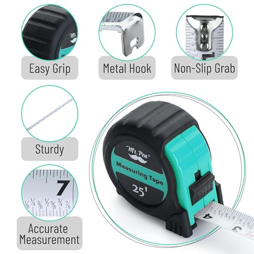 Image of Mr. Pen- Tape Measure, 25-Foot, Turquoise Blue, Steel Measuring Tape Measure with Fractions, Retractable Measuring Tape Retractable