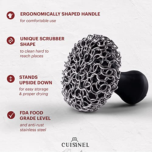 Cast Iron Chainmail Scrubber + Pan Scraper - Ergonomic Stainless and Silicone Cleaner for Pots and Skillets - Premium Food-Safe Design - Easy to Clean Dishwasher Safe Cook by Cuisinel - Image 3