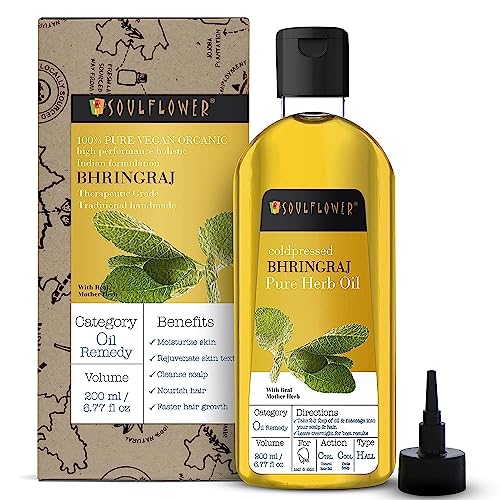 Soulflower Organic Bhringraj Hair Oil for Healthy Hair and Moisturized Scalp - Enriched with 100% Pure Bhringraj Herb, Natural, Organic, Vegan, Cold Pressed - 6.77 fl oz Bonus Nozzle