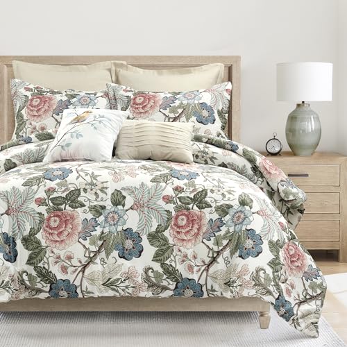 Lush Decor Sydney Floral Comforter Set, 7 Piece Set, King, Green & Blue - Fully Styled Bedding King Size Comforter Set - Colorful Floral Print - Cottage Core Decor - Coquette Bedding