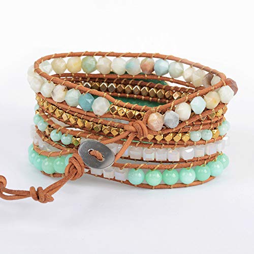 Zengori Handmade Wrap Bracelet Turquoise, Jasper & Amazonite Natural Stones Leather Charm 5 Strands Boho Bracelet Hd0078 #TOP1
