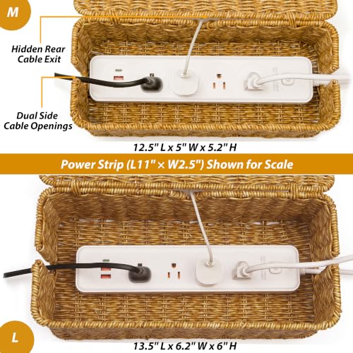 Image of ZhiYo Rattan Cable Management Box, Cord Organizer, Nature, 13.5 inchx6.2 inchx6 inch | Handwoven imitation rattan cord hider box conceals power strips and cables for a clean desk or floor setup