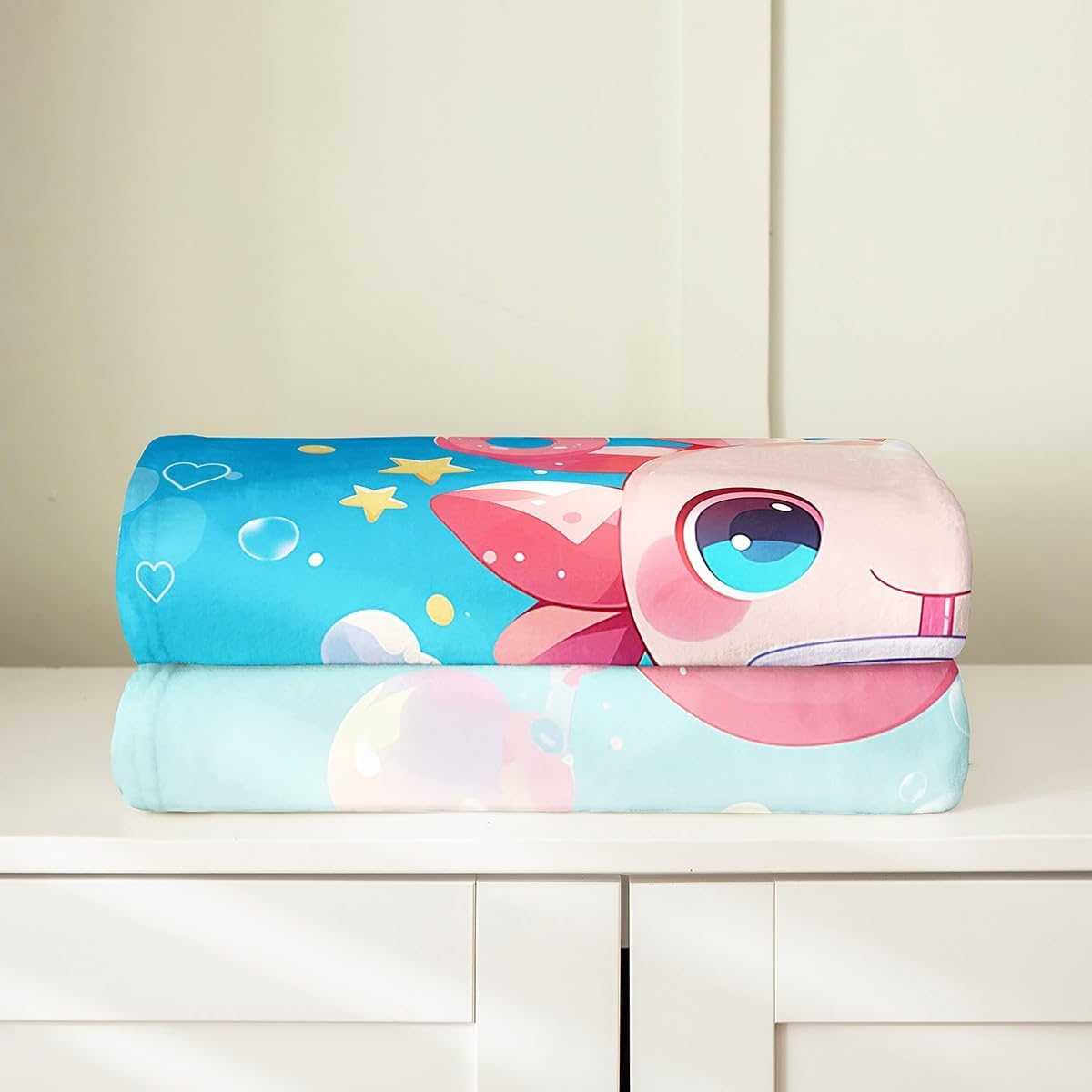 Girly Pink Axolotl Flannel Blanket Room Decor Warm Lightweight,Dreamy Cartoon Sweet Donut Drink Kids Fuzzy Warm Blanket,Blue Gradient 3D Stars Dots Bed Sofa Couch Blankets Queen 90"x90"
