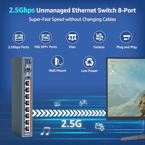 Image of 10 Port 2.5G Unmanaged Ethernet Switch, 8 x 2.5G Base-T Ports, 2 x 10G SFP, Compatible with 100 /1000 /2500Mbps, VLAN, Fanless, Desktop /Wall Mount YuanLey 2.5Gbe Network Switch for Wireless AP, NAS, PC