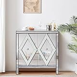 LUMISOL Mirrored Cabinet Sideboard Buffet Table with Crystal Design Handle, 2-Door Accent Cabinet for Living Room, Silver Floor Nightstand for Entryway Living Room Bedroom Office, Side Table, Silver