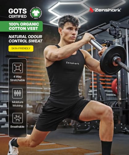 Image of ZENSHARK Gym Vest for Men | Sleeveless T Shirt Sando Tank Top | 2x2 Ribbed Cotton Lycra Ribbed Vest | Round Neck Slim Fit 4 Way Stretch | Sleeveless Gym T Shirt for Workout Training