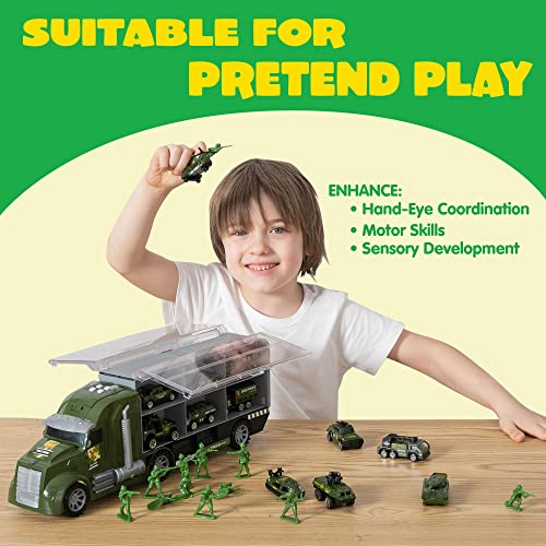 JOYIN 14 in 1 Ensemble de Jouets pour véhicules de l'armée de camions Militaires moulés sous Pression, Mini-Kampfauto-Spielzeug in Träger-LKW mit Licht und Sound