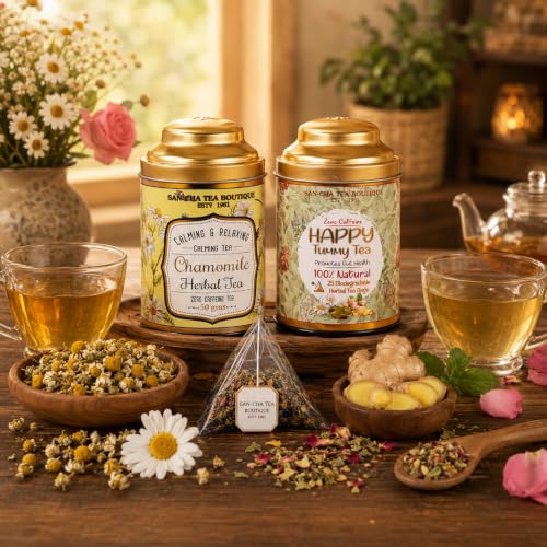 Image of Sancha Tea Boutique, Tea Combo Pack: Chamomile Herbal (50g) & Happy Tummy Teas (25 Pyramid Bags), Digestive Herbal Tisane & Calming Beverage