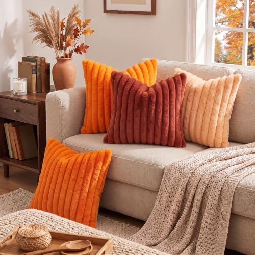 Image of decorUhome Fall Faux Fur Throw Pillow Covers 20x20 Set of 2 Rust