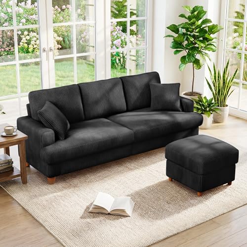 Image of 87 inch L shape Corduroy Couch, Sofa No Tool Assembly, Comfy Couches for Living Room 21in Deeper Seats, Corduroy Sofas for Living Room with 2 Pillows, Oversized Loveseat Sofa, Boho Love Seat, Black