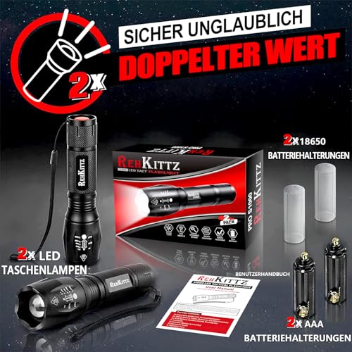 Foto von REHKITTZ Taschenlampe, Extrem Hell Tragbare Handlampe 2 Stück, 2000 Lumen, Wandern Camping Taschenlampe LED, Taktische Taschenlampe Outdoor Aluminium Alloy Material Mit 5 Licht Modi und Zoom