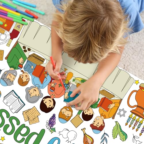 Image of Happy Passover Large Coloring Tablecloth Poster for Kids, Pesach Jumbo Coloring Paper Poster Sheets, Passover Color-in Craft Activities for Kids Festive Seder Party Supplies Decorations, 30 x 72Inch
