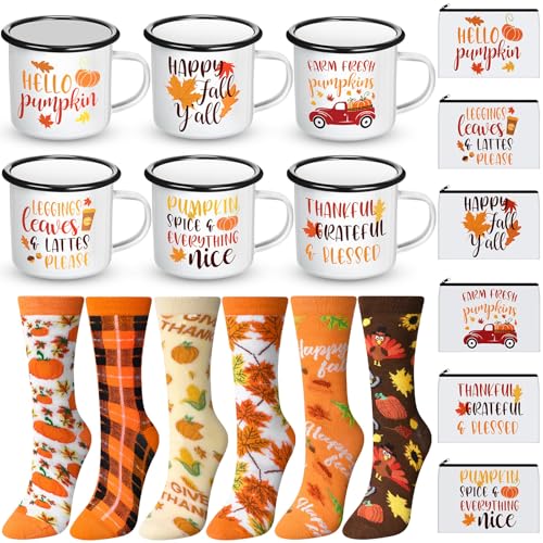 18 Pcs Fall Gifts Set Happy Fall Y'all Pumpkin Enamel Mugs Makeup Bags Autumn Leaves Pumpkin Socks Bulk 2025 Gifts Thanksgiving Harvest Party Gift for Adult Women Coworkers Teacher - Main Image
