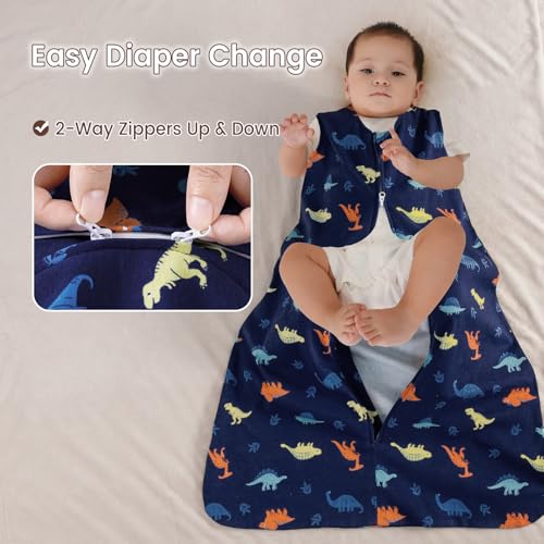 Image of david's kids 100% Organic Cotton Baby Wearable Blankets 0-6 Months, Soft Baby Wearable Blankets with 2-Way Zipper, 2 Pack Comfy Sleeping Bags for Infant Newborn Boys Girls, Small Size, Dinosaur