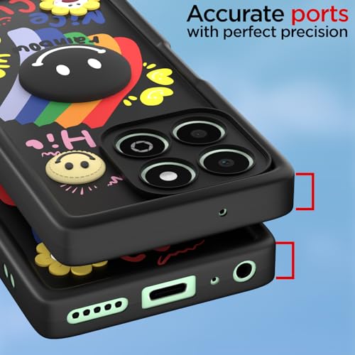 Image of Pikkme Back Cover for Honor X6b | Soft Silicone| Cute Rainbow Smile & 3D Cartoon Flower Design | Shockproof Raised Camera Protection Bumper Case (Black)
