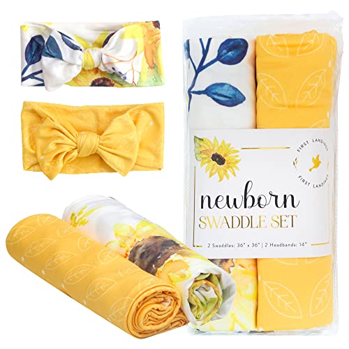 Image of First Landings Newborn Swaddle Set - Baby Swaddles and Matching Headbands for Boys and Girls - Baby Blanket for Newborn Photography, Nursing Covers, Burp Cloths - Sunflower, 36" x 36" (Set of 2 Each)