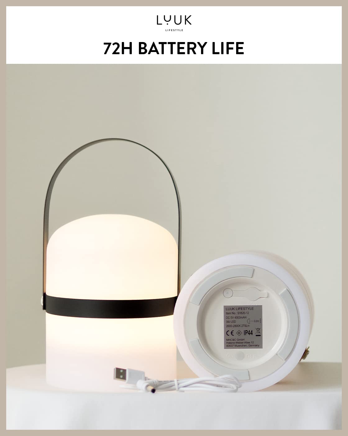 LUUK LIFESTYLE Lampa LED w stylu skandynawskim, wodoszczelna IP44, 72 godziny czasu świecenia, ładowana przez USB, przenośna, do użytku wewnątrz i na zewnątrz, lampa stołowa, regulowana jasność, czarna