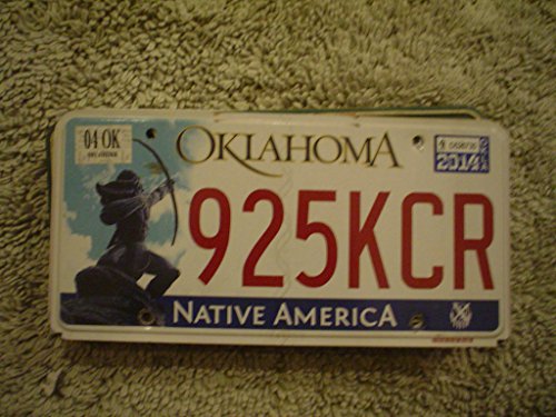 OK-104 Oklahoma Native America license plate red numbers on white with Native American shooting bow and arrow flat non-embossed