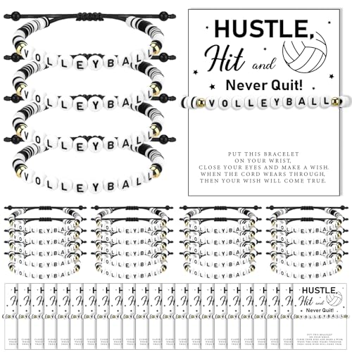 24 Pcs Volleyball Charm Bracelet Gifts with Cards Adjustable Braided Bracelet Volleyball Party Favors Inspirational Sport Accessories Gifts for Teams Player Women Birthday Sport Theme