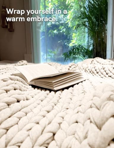 YnM Cotton Weighted Blanket, Handmade Chunky Knitted Design, Soft and Cozy, Temperature Regulating and Breathable, Machine Washable Throw for Sleep or Home Decor (Cream White, 60x80 Inch, 25lbs)