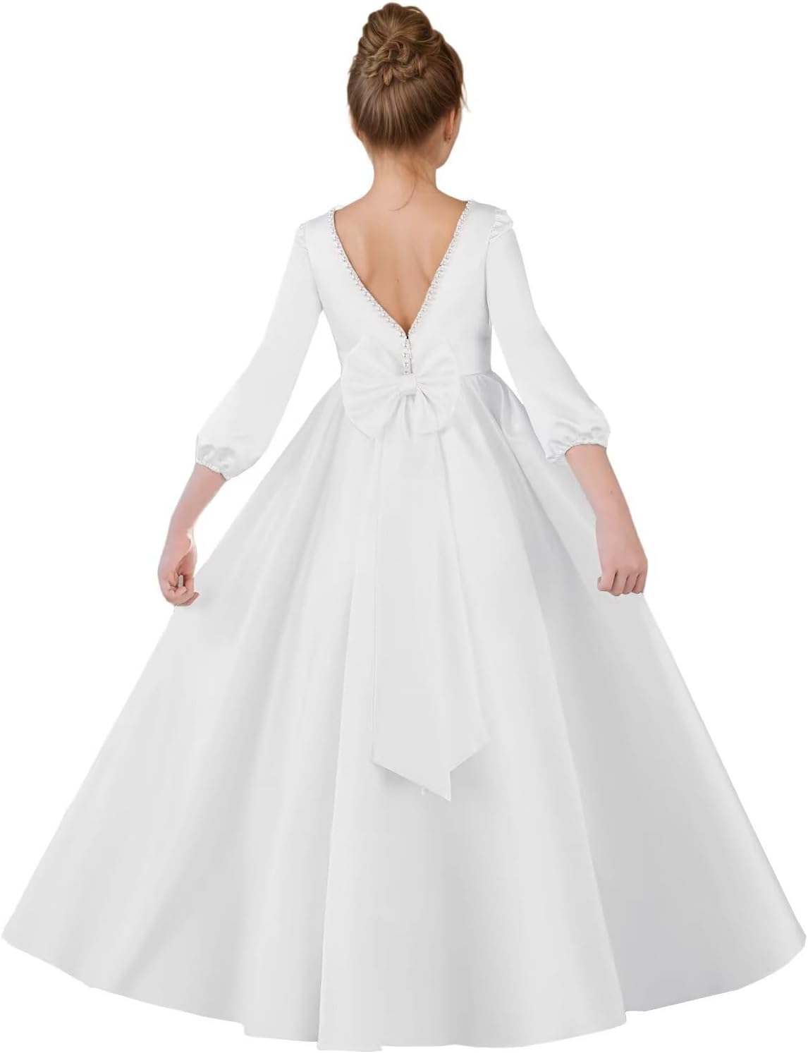 Long Sleeve Flower Girl Dress Wedding Elegant A-Line Satin Girls Christmas Dresses with Bow New Year Formal Gowns