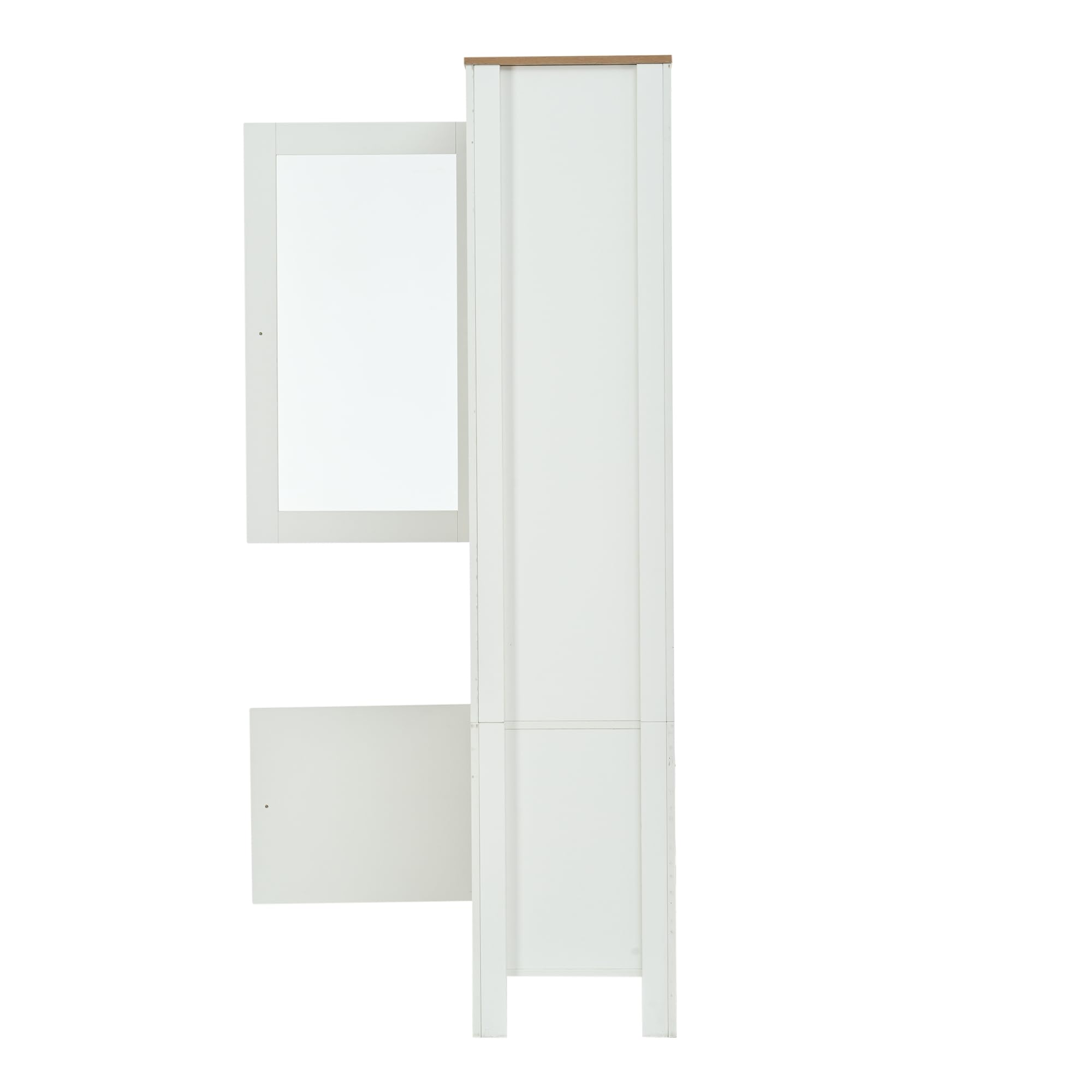 MURUL Armario alto, 70 x 40 x 188 cm, vitrina con 2 puertas, seis estantes, pared trasera en imitación de madera natural, estantes ajustables, vitrina de cristal con LED, color blanco + madera natural